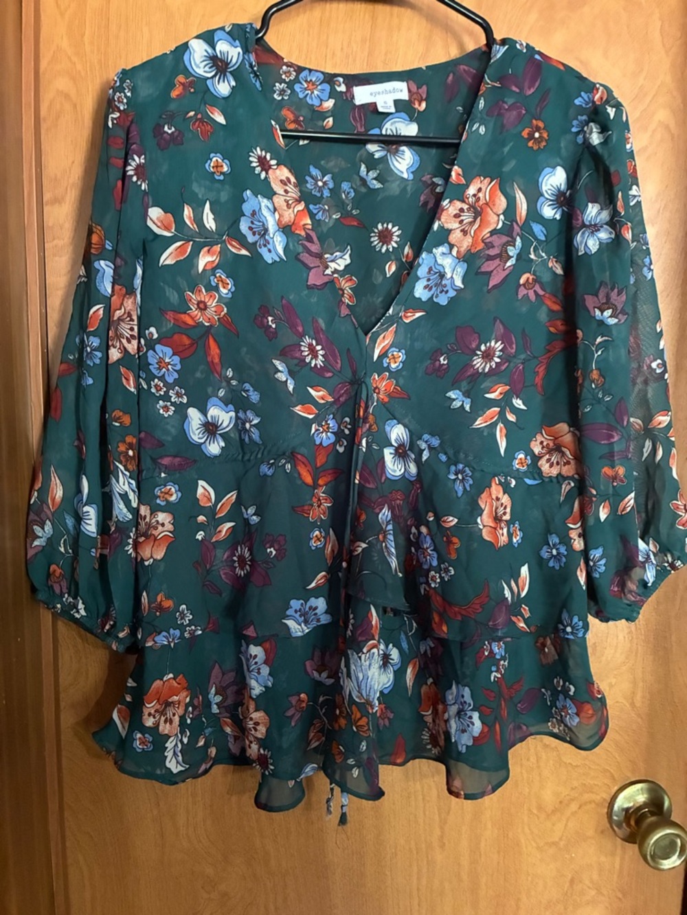 Eyeshadow Teal Floral V-Neck Peplum Blouse Size Small Cottagecore